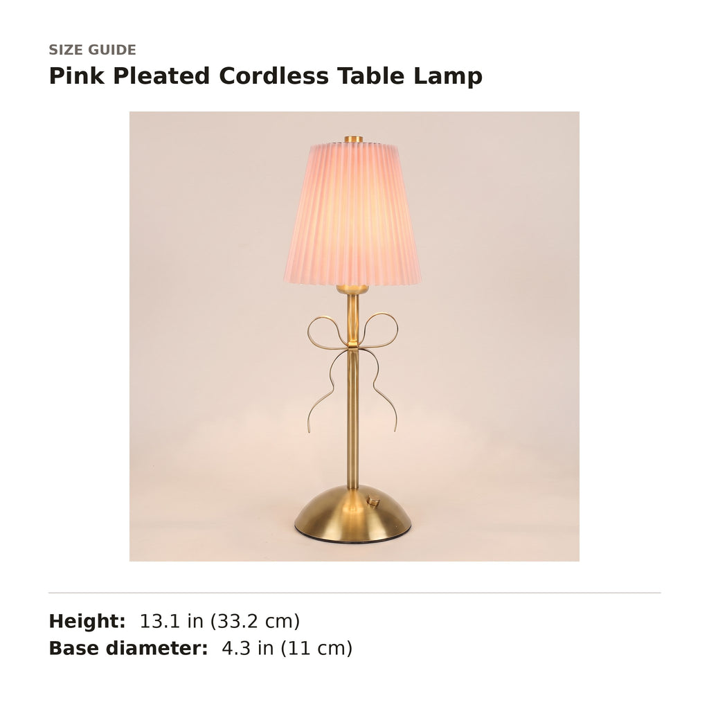 Pink Pleated Cordless Table Lamp size guide with dimensions