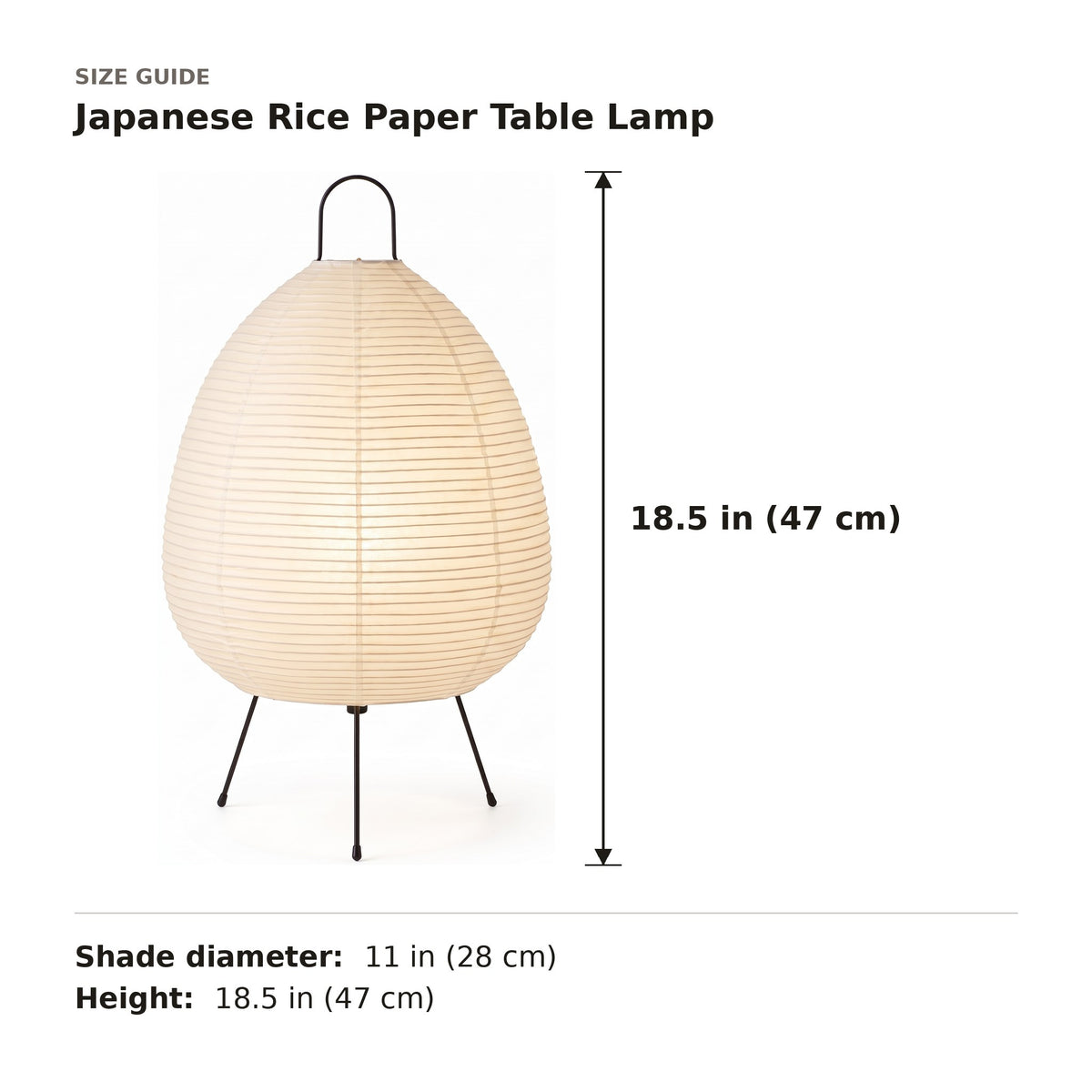 Japanese Rice Paper Table Lamp size guide with dimensions