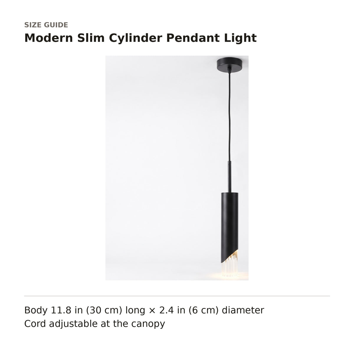 Modern Slim Cylinder Pendant Light size guide with dimensions