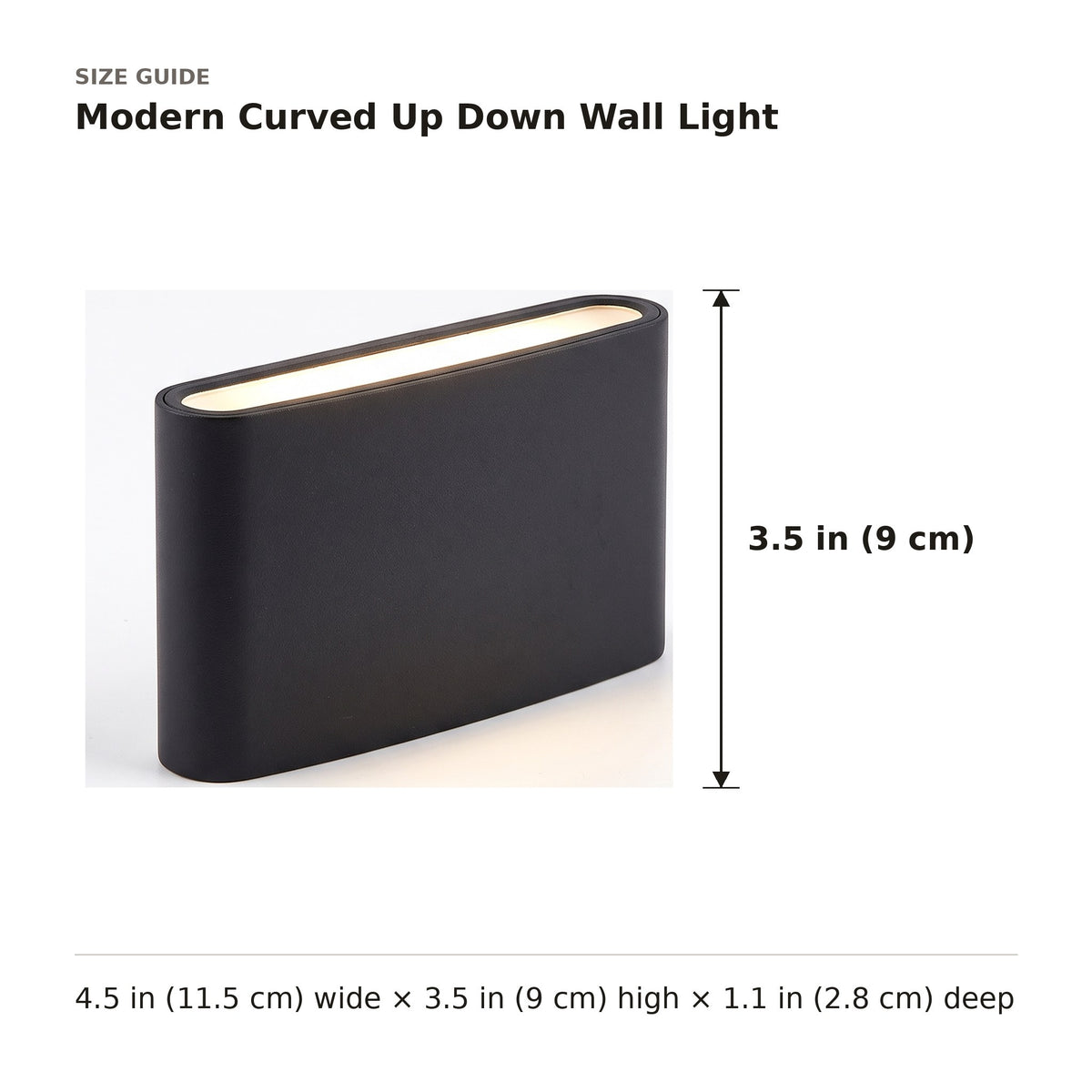 Modern Curved Up Down Wall Light size guide with dimensions