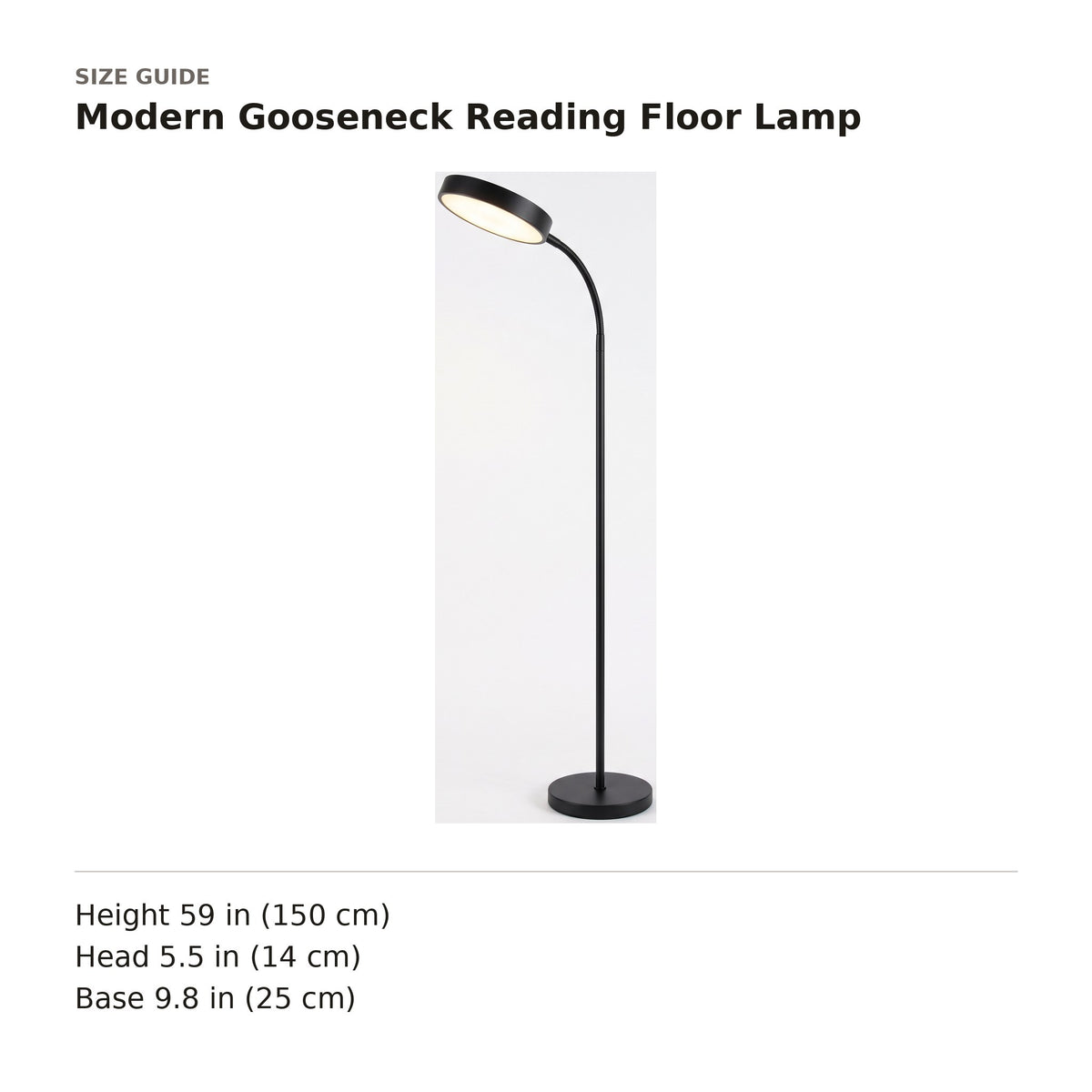 Modern Gooseneck Reading Floor Lamp size guide with dimensions