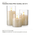 Flameless Glass Pillar Candles, Set of 3 size guide with dimensions