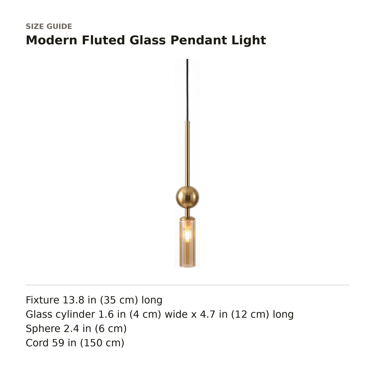 Modern Fluted Glass Pendant Light size guide with dimensions