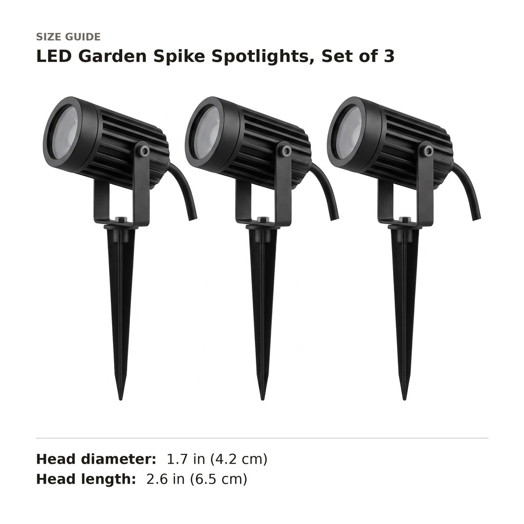 LED Garden Spike Spotlights, Set of 3 size guide with dimensions