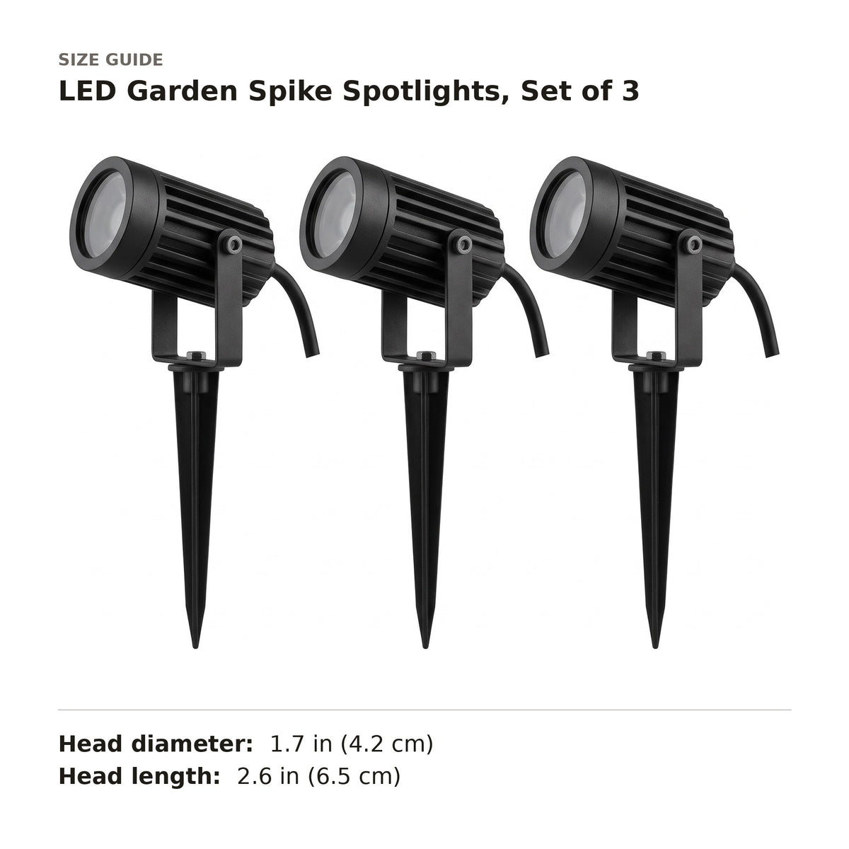 LED Garden Spike Spotlights, Set of 3 size guide with dimensions