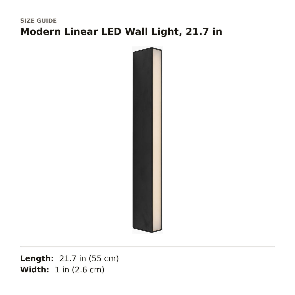 Modern Linear LED Wall Light, 21.7 in size guide with dimensions