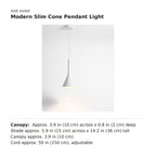 Modern Slim Cone Pendant Light size guide with dimensions
