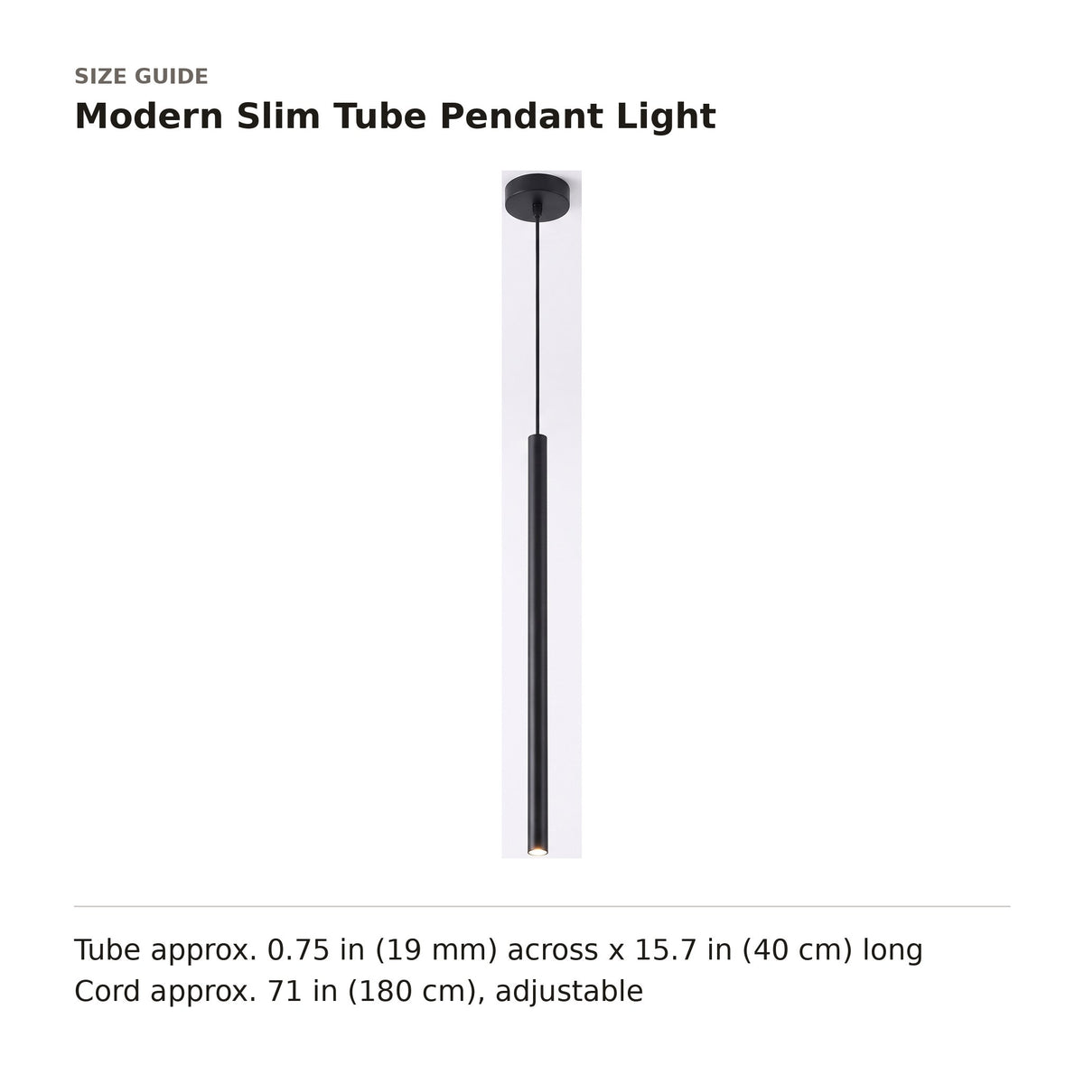 Modern Slim Tube Pendant Light size guide with dimensions