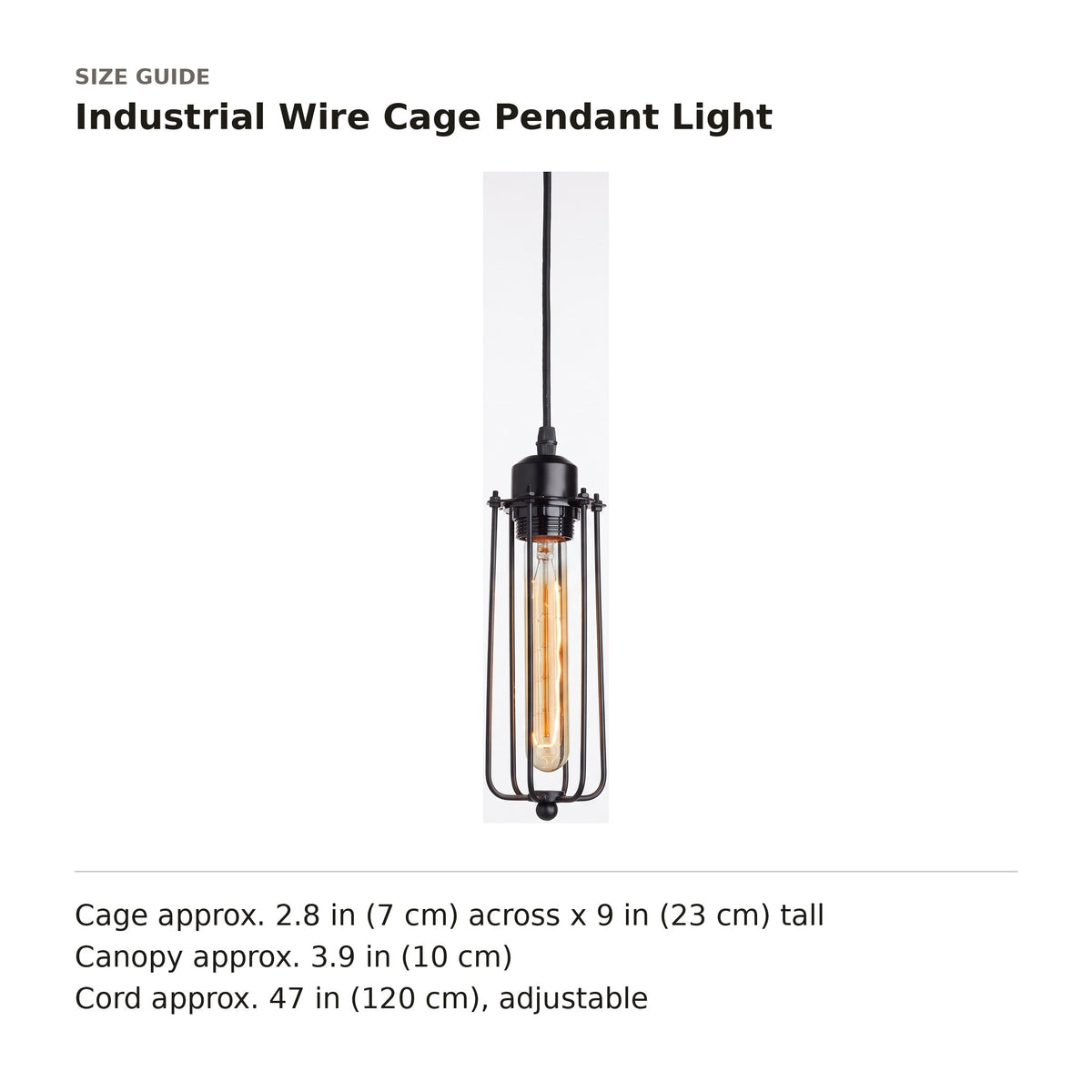 Industrial Wire Cage Pendant Light size guide with dimensions