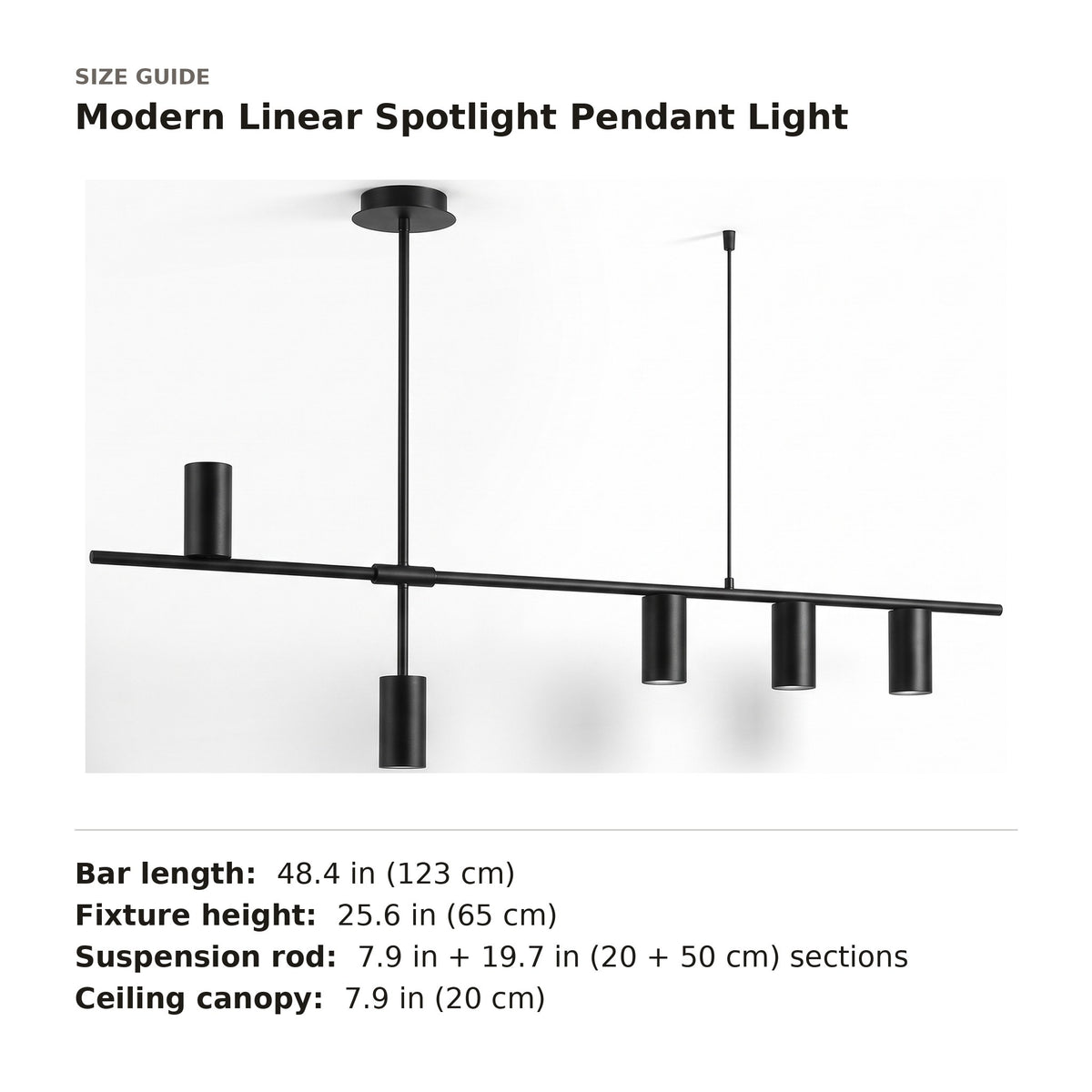 Modern Linear Spotlight Pendant Light size guide with dimensions