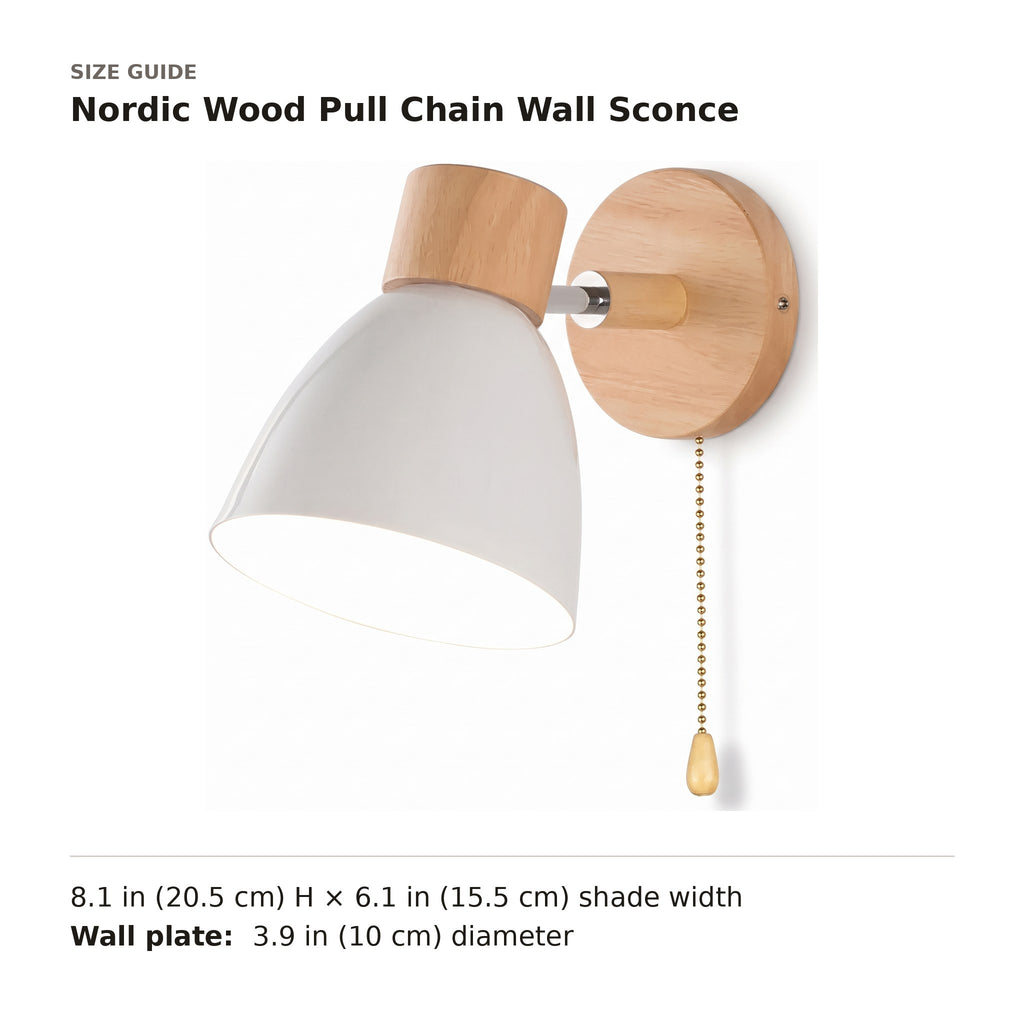 Nordic Wood Pull Chain Wall Sconce size guide with dimensions