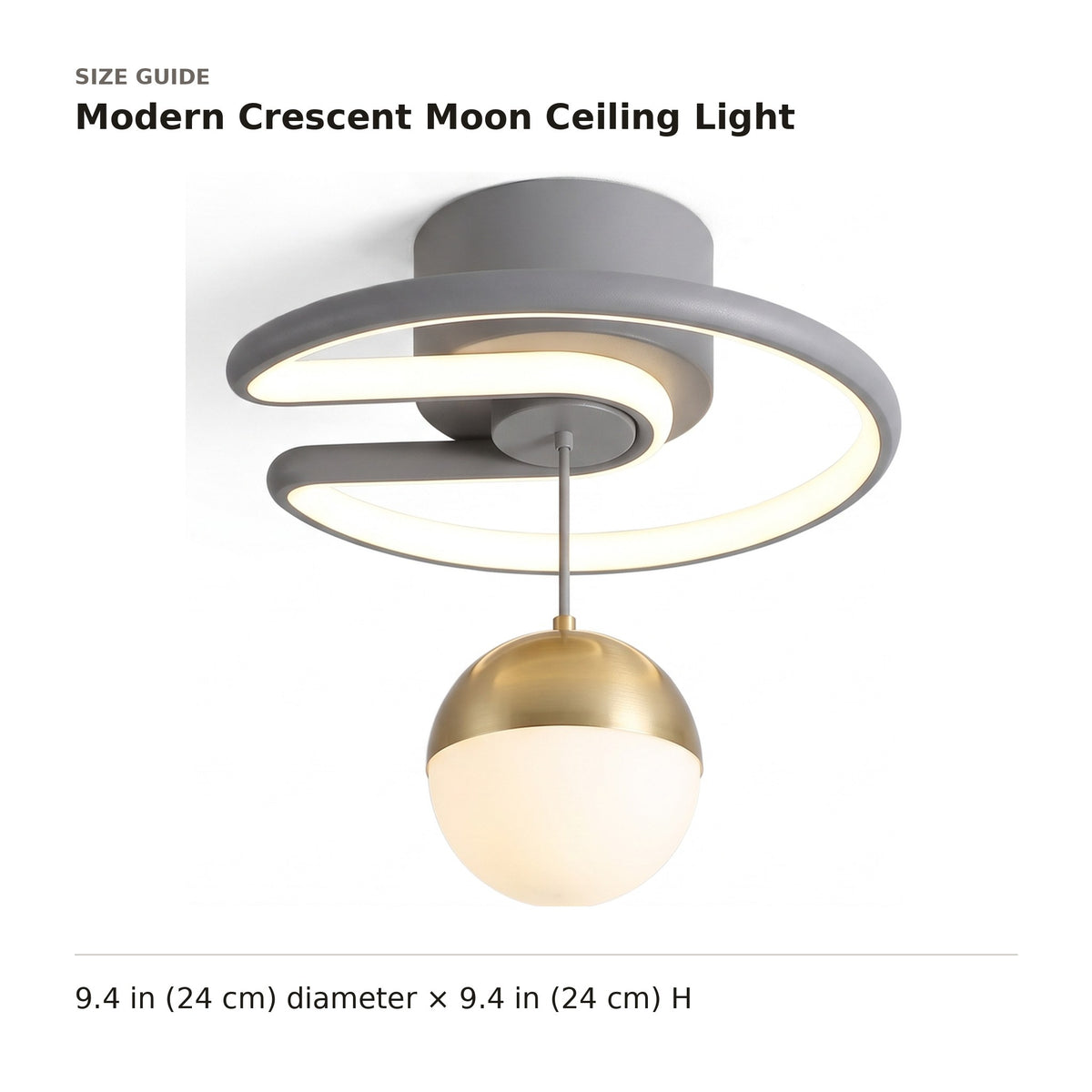 Modern Crescent Moon Ceiling Light size guide with dimensions