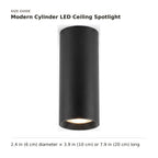 Modern Cylinder LED Ceiling Spotlight size guide with dimensions