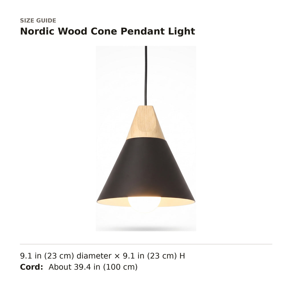 Nordic Wood Cone Pendant Light size guide with dimensions