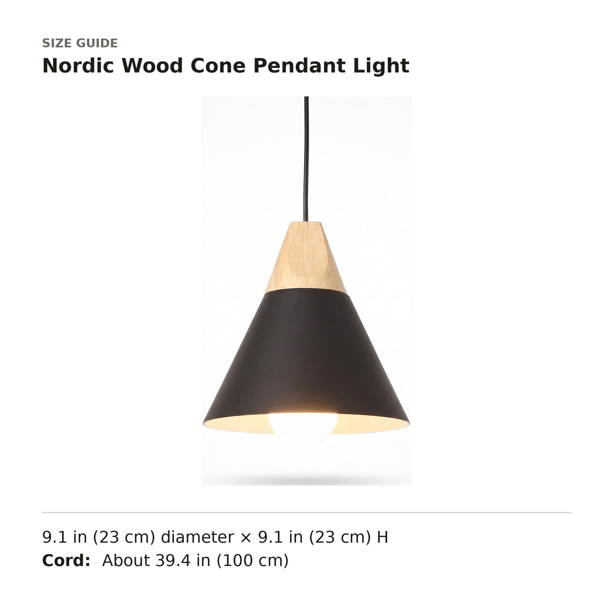 Nordic Wood Cone Pendant Light size guide with dimensions