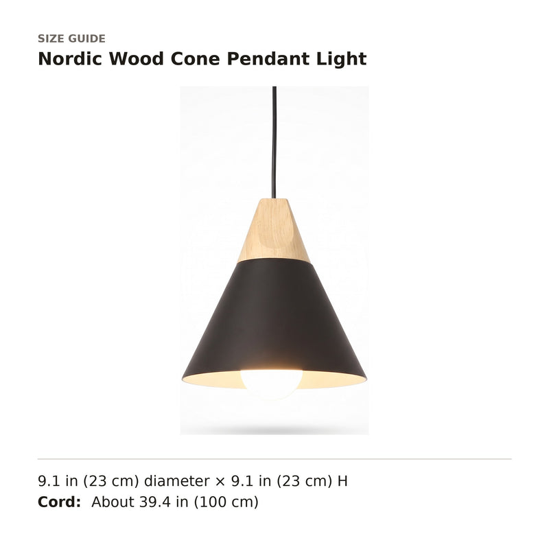 Nordic Wood Cone Pendant Light size guide with dimensions