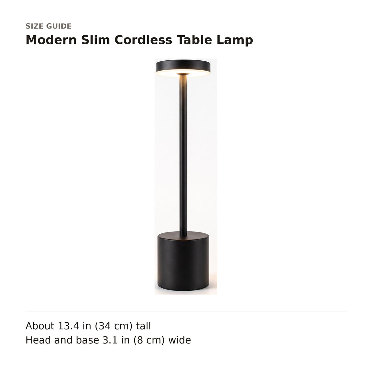 Modern Slim Cordless Table Lamp size guide with dimensions