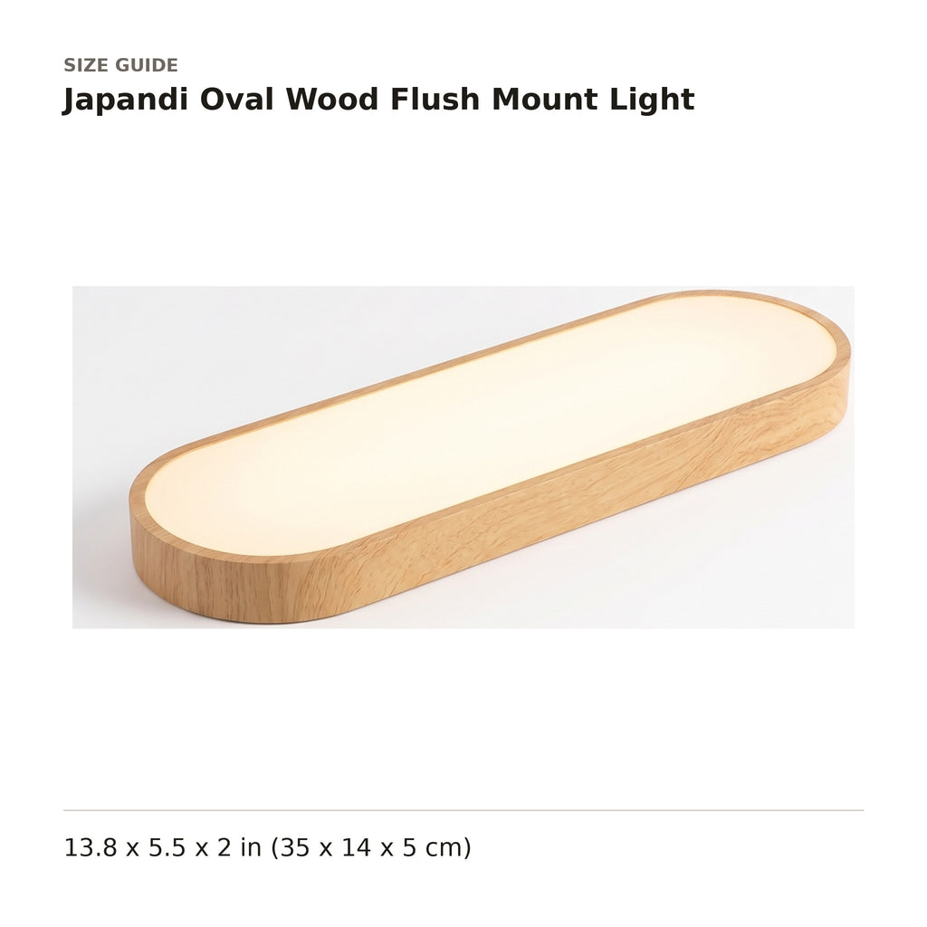 Japandi Oval Wood Flush Mount Light size guide with dimensions