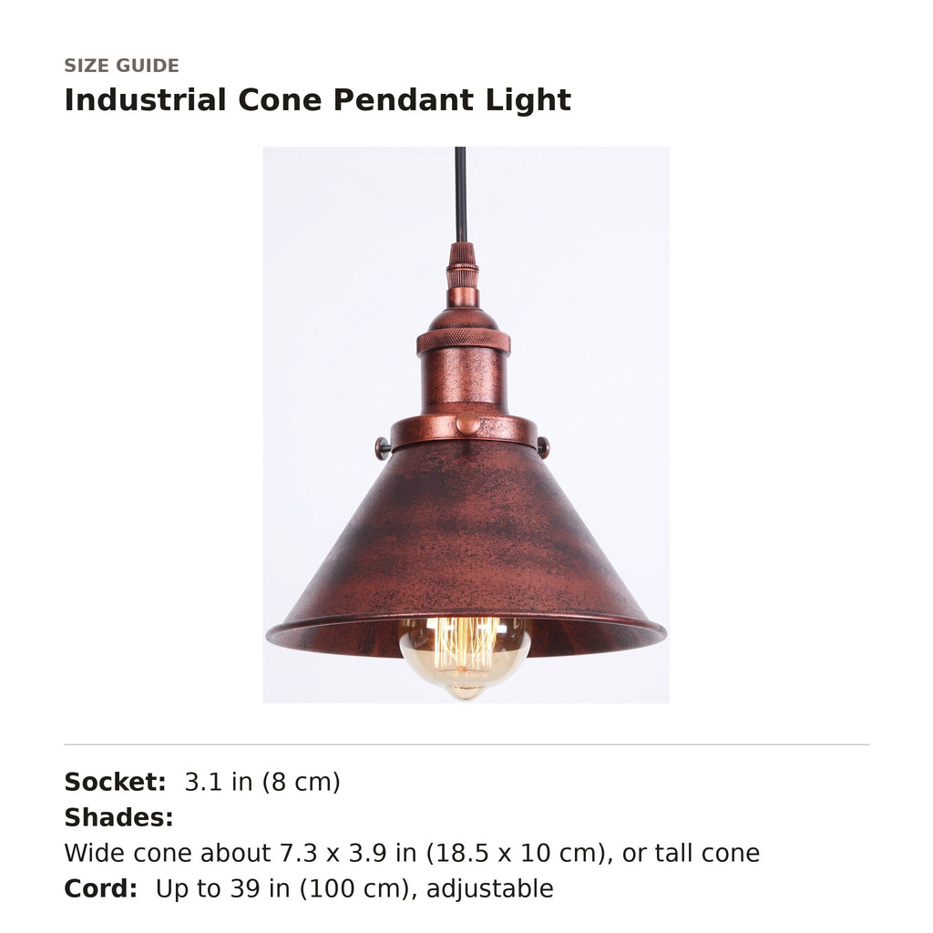 Industrial Cone Pendant Light size guide with dimensions