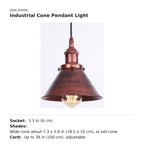 Industrial Cone Pendant Light size guide with dimensions