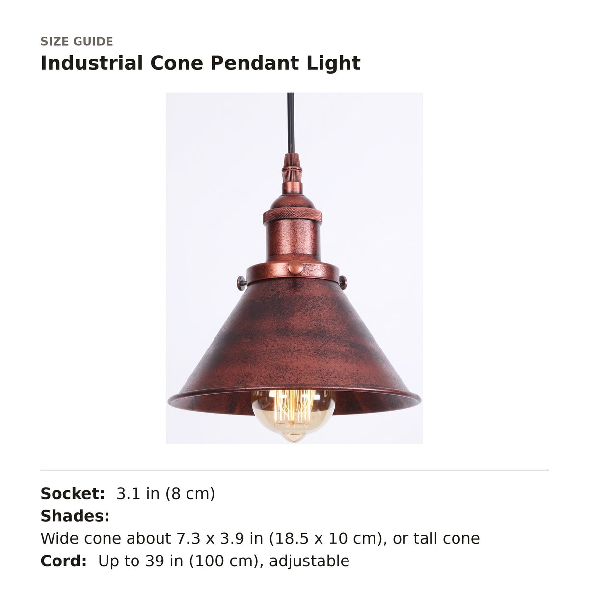 Industrial Cone Pendant Light size guide with dimensions