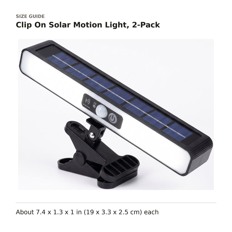 Clip On Solar Motion Light, 2-Pack size guide with dimensions