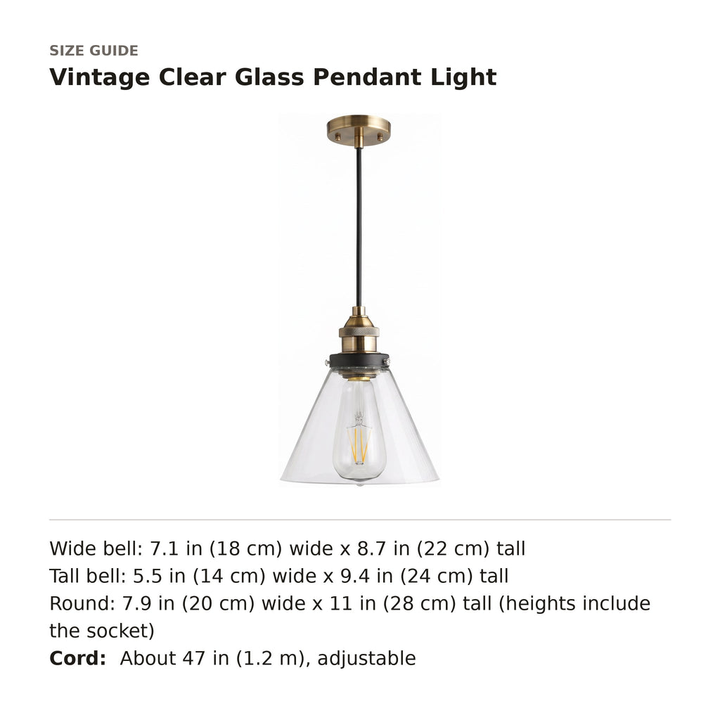 Vintage Clear Glass Pendant Light size guide with dimensions