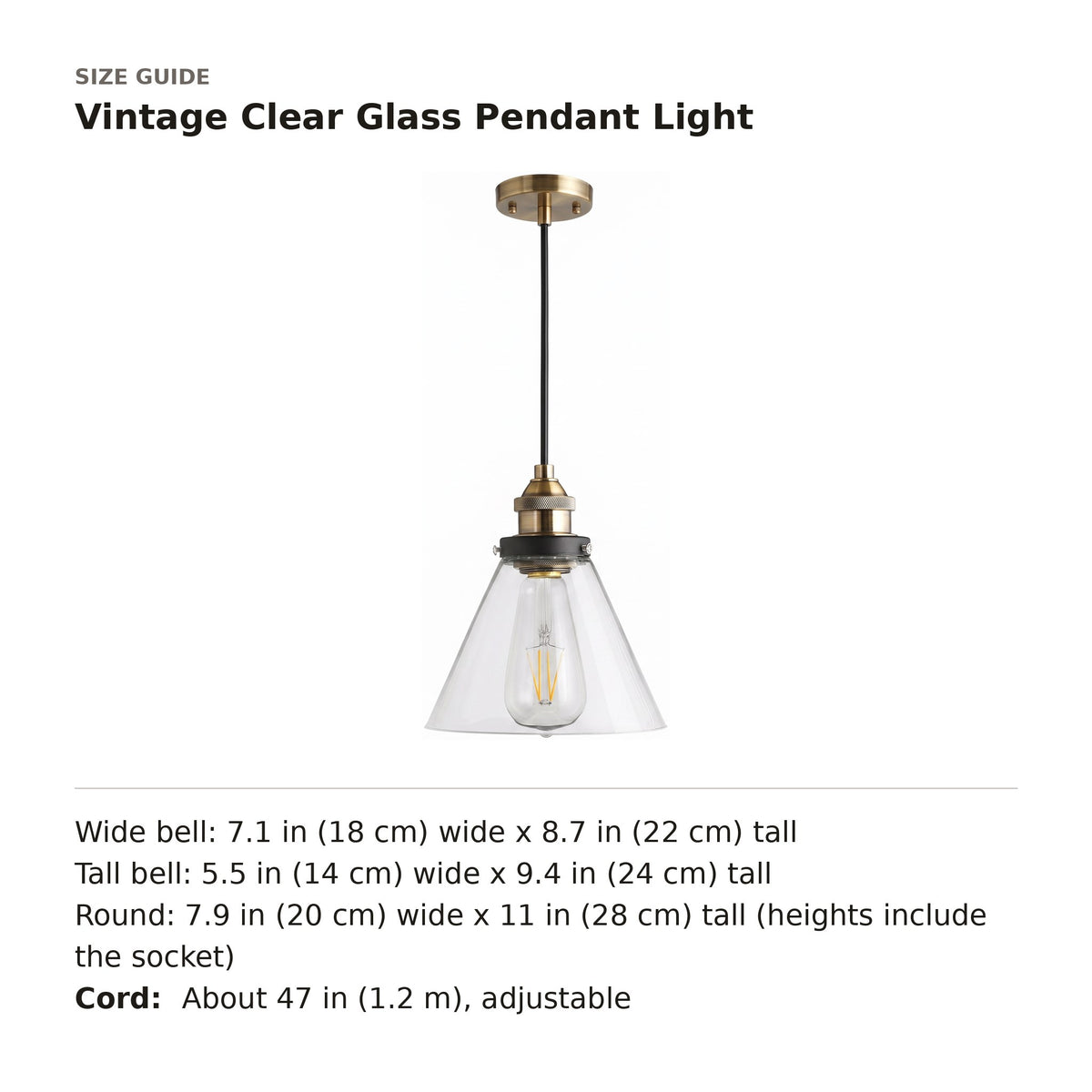 Vintage Clear Glass Pendant Light size guide with dimensions