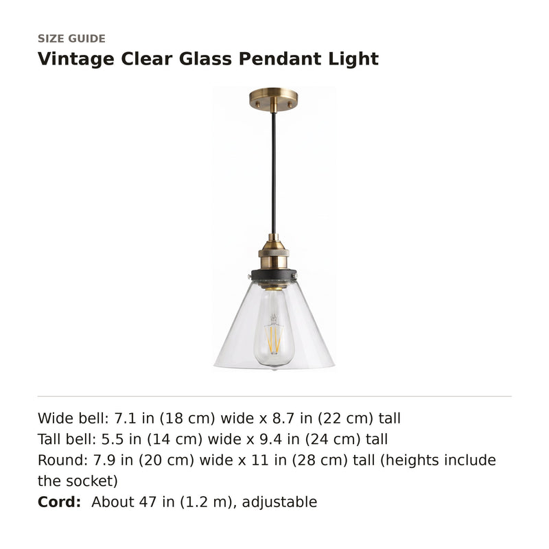 Vintage Clear Glass Pendant Light size guide with dimensions