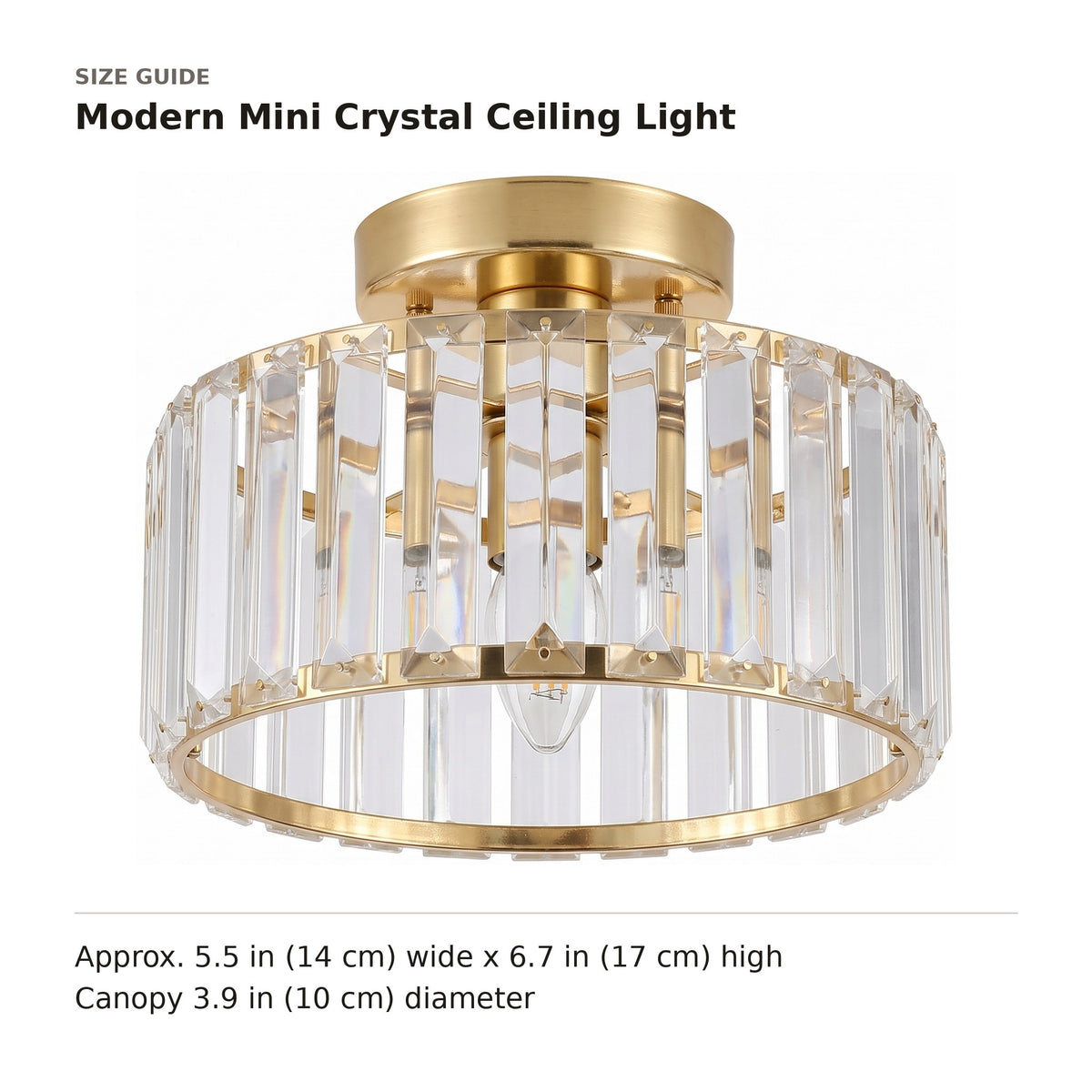 Modern Mini Crystal Ceiling Light size guide with dimensions
