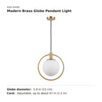 Modern Brass Globe Pendant Light size guide with dimensions