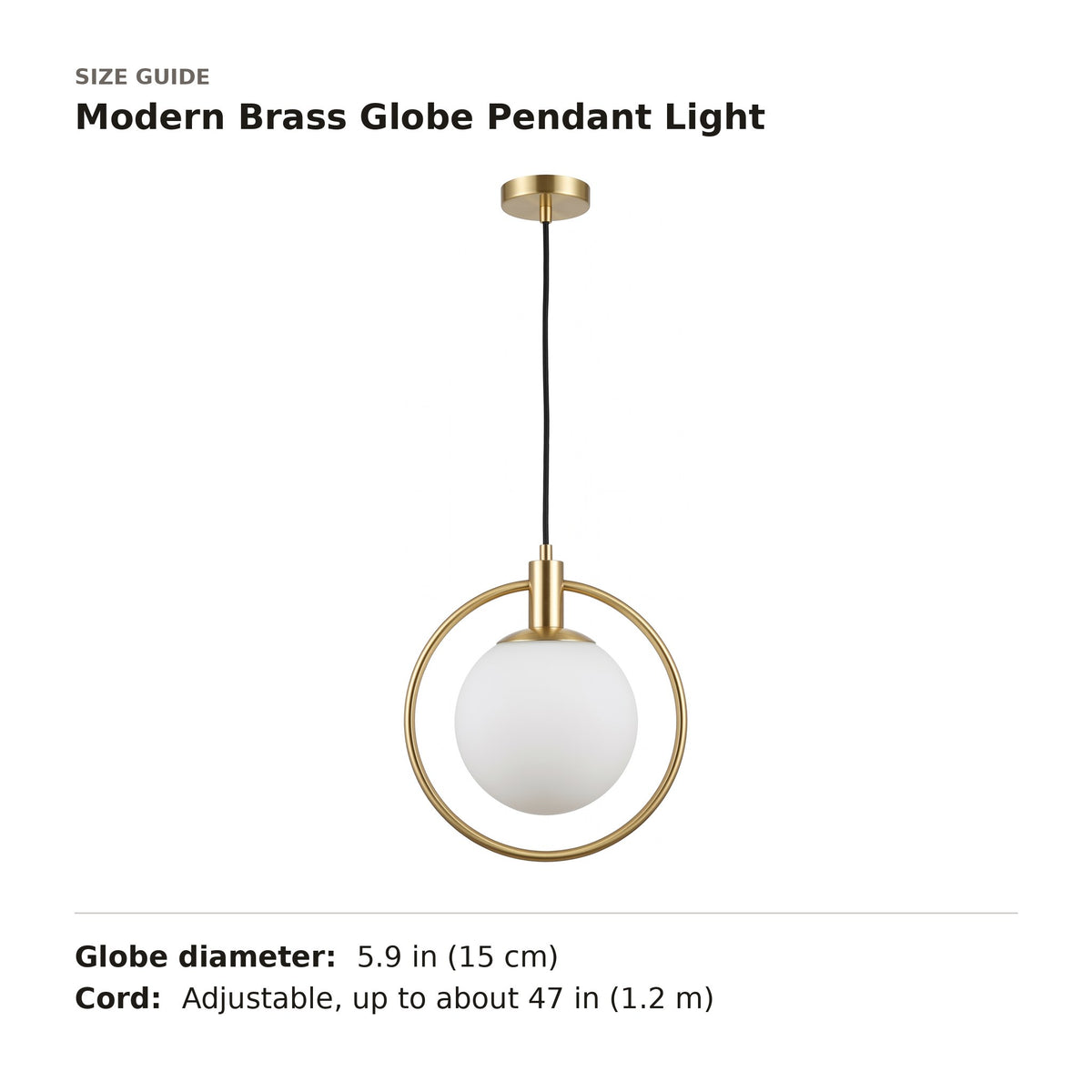 Modern Brass Globe Pendant Light size guide with dimensions