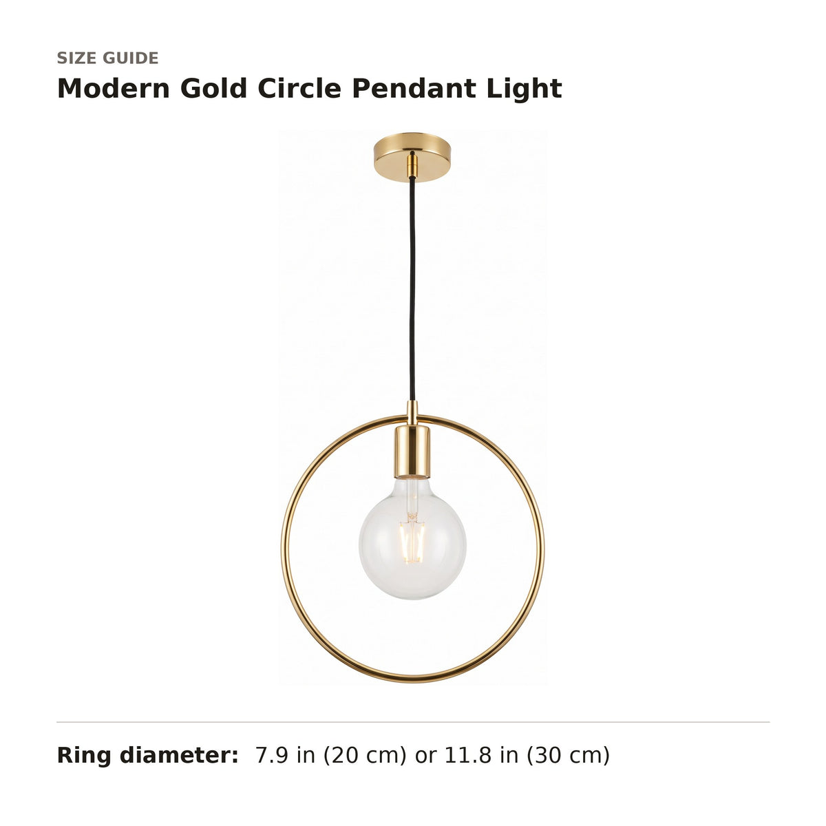 Modern Gold Circle Pendant Light size guide with dimensions