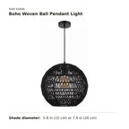 Boho Woven Ball Pendant Light size guide with dimensions