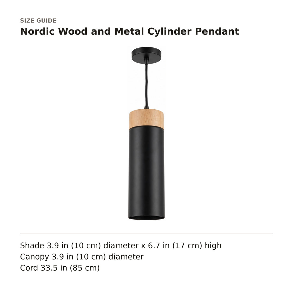 Nordic Wood and Metal Cylinder Pendant size guide with dimensions