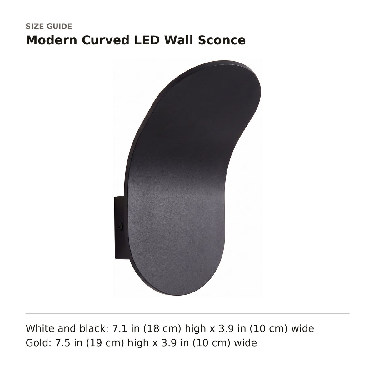 Modern Curved LED Wall Sconce size guide with dimensions