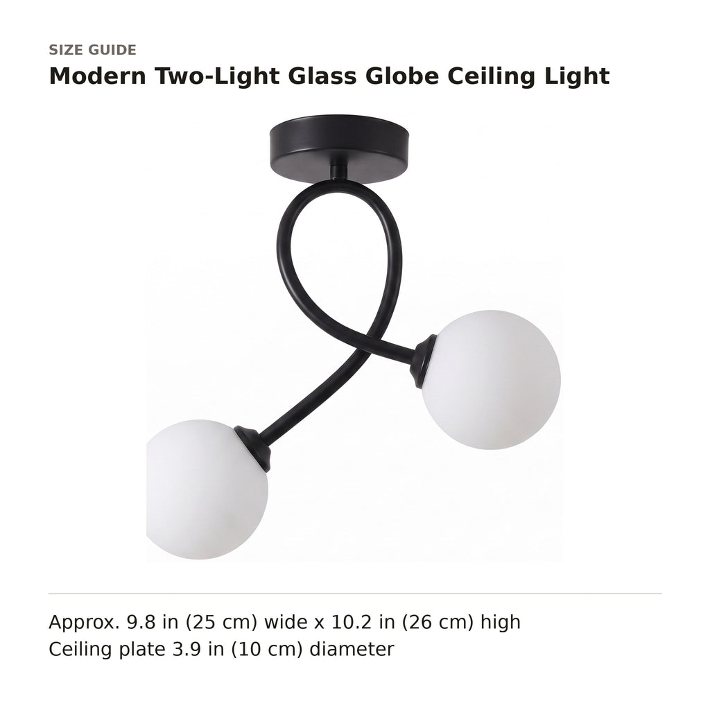 Modern Two-Light Glass Globe Ceiling Light size guide with dimensions