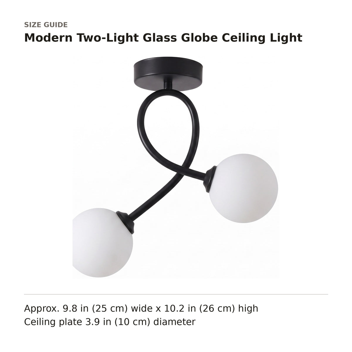 Modern Two-Light Glass Globe Ceiling Light size guide with dimensions