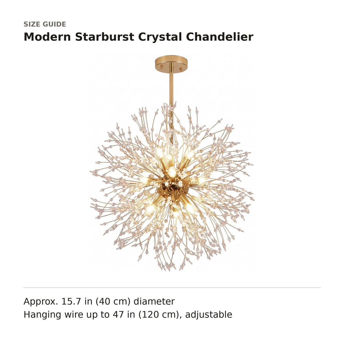 Modern Starburst Crystal Chandelier size guide with dimensions