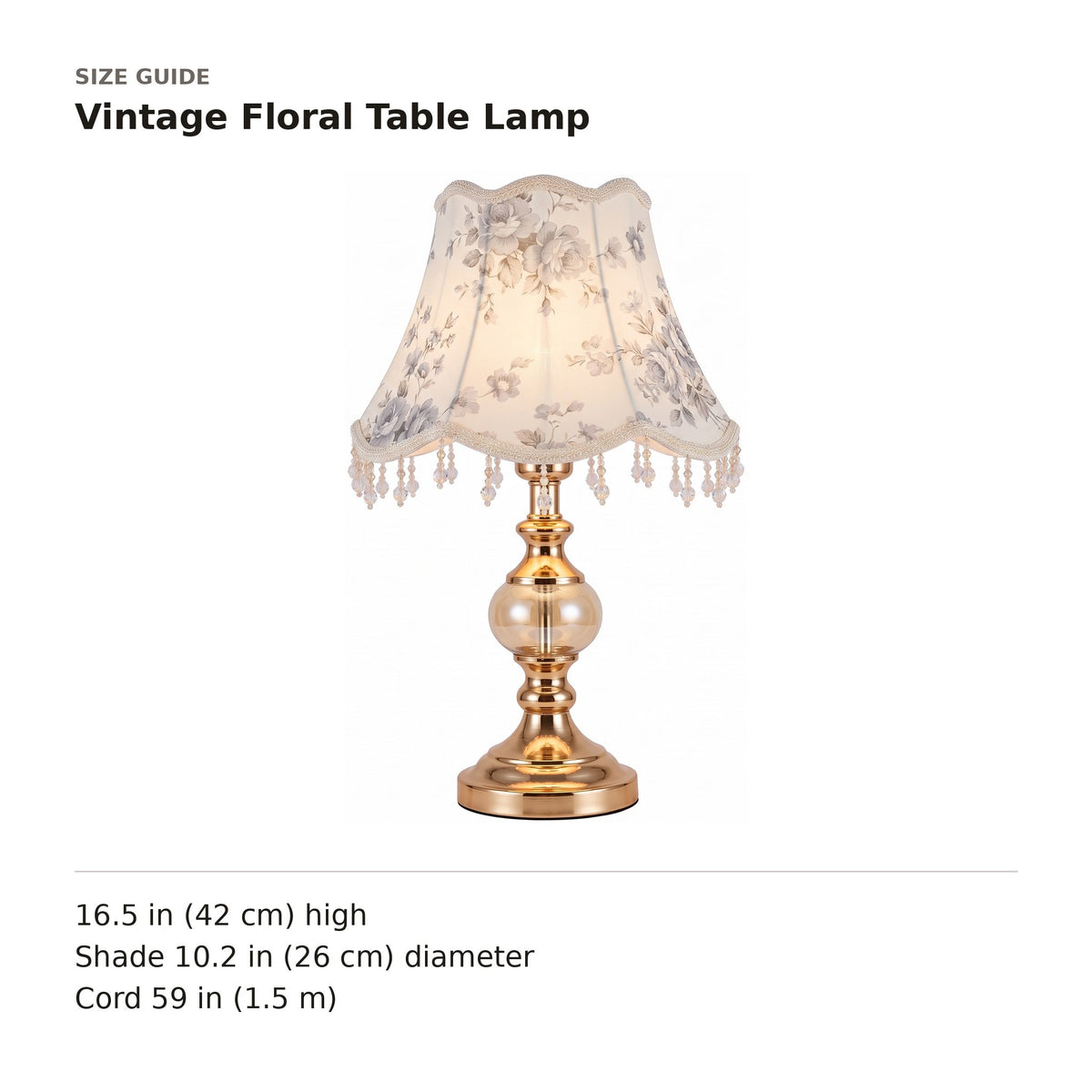 Vintage Floral Table Lamp size guide with dimensions