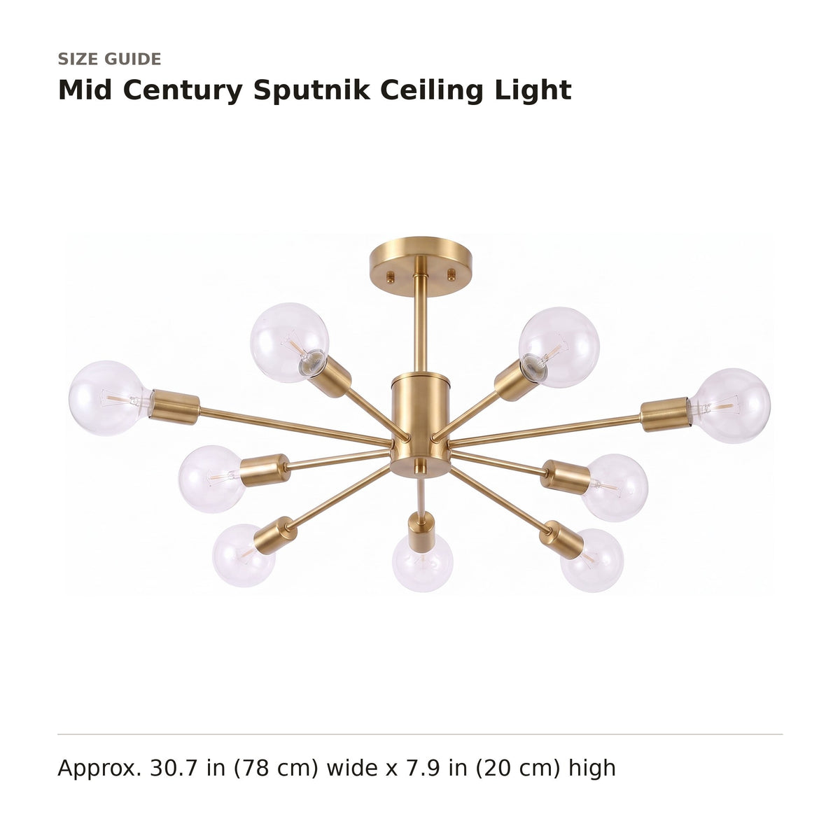 Mid Century Sputnik Ceiling Light size guide with dimensions