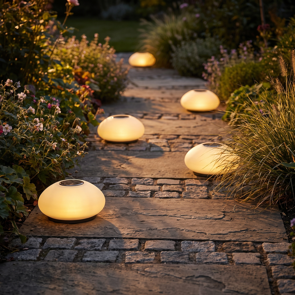 Solar garden light - Solar Cobblestone Garden Light along a garden path at dusk