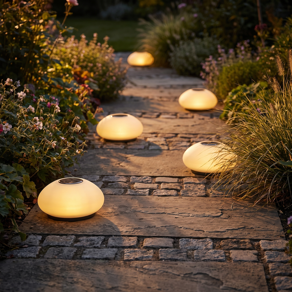 Solar garden light - Solar Cobblestone Garden Light along a garden path at dusk