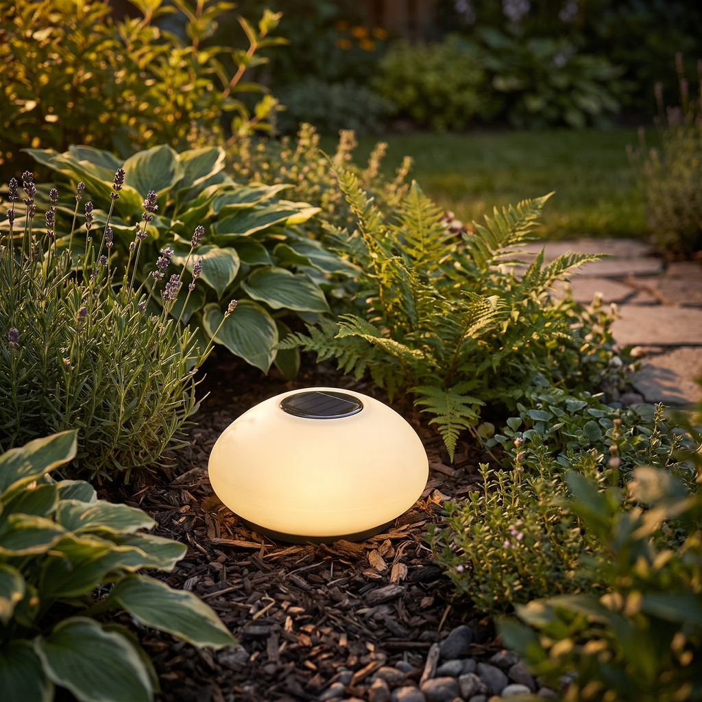 Solar garden light - Solar Cobblestone Garden Light in a flower bed for scale