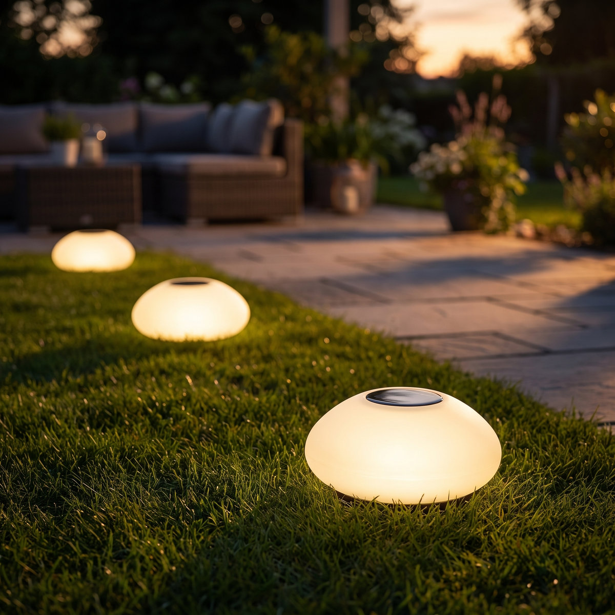 Solar garden light - Solar Cobblestone Garden Light on a lawn beside a patio