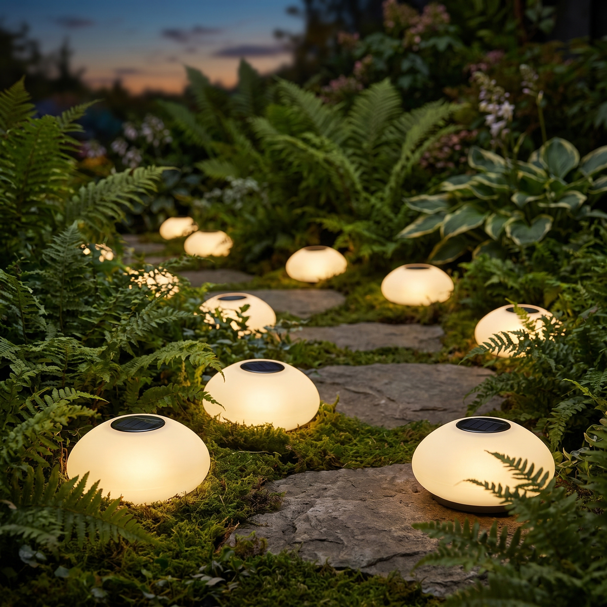 Solar garden light - Solar Cobblestone Garden Light among ferns at night