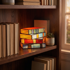 Book lamp - Stained Glass Style Stacked Books Lamp glowing on a bookshelf