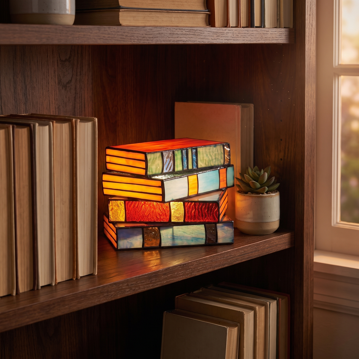 Book lamp - Stained Glass Style Stacked Books Lamp glowing on a bookshelf