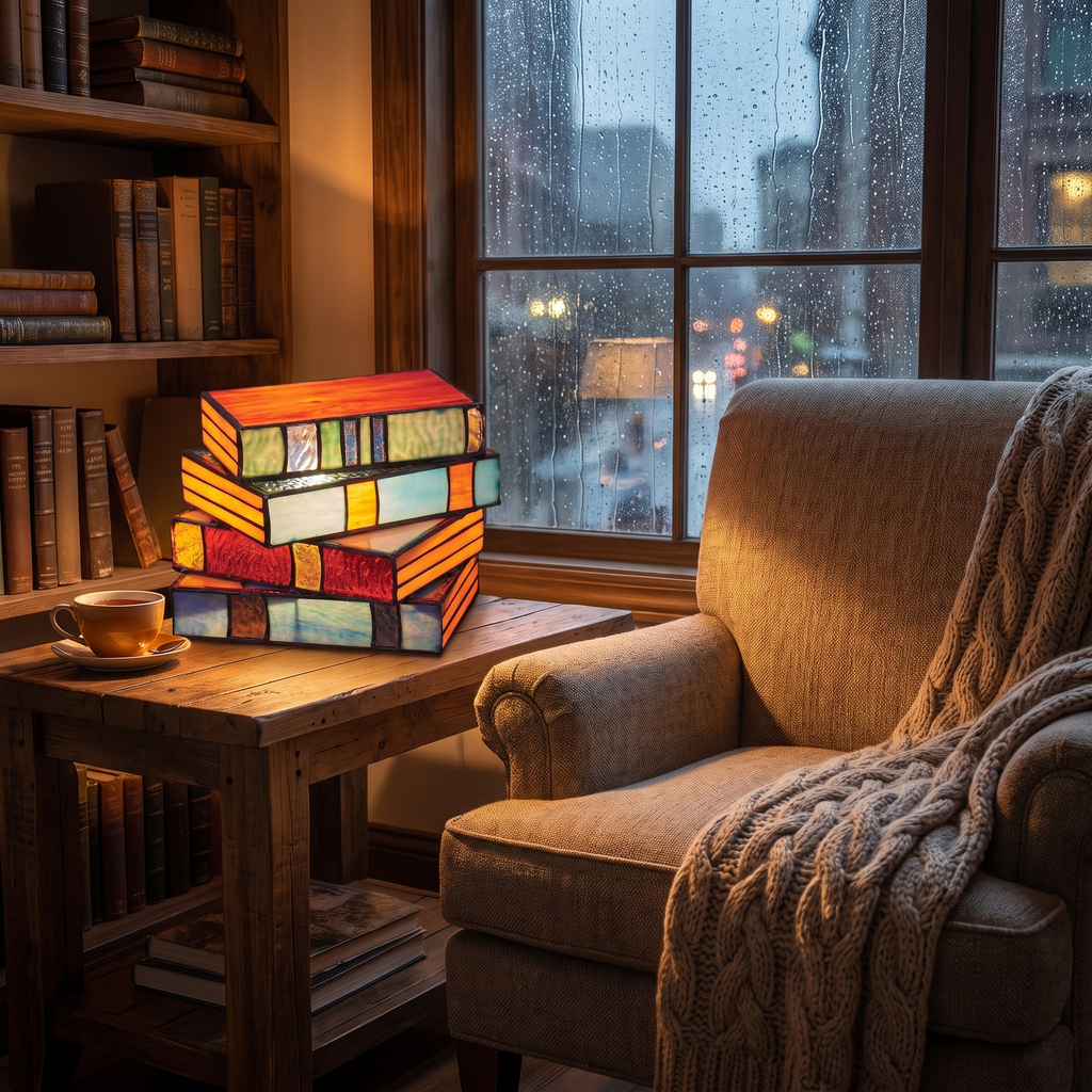 Book lamp - Stained Glass Style Stacked Books Lamp in a cosy reading nook