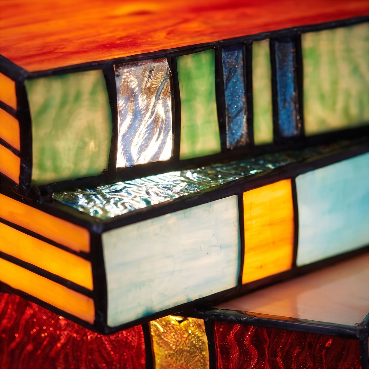 Book lamp - Stained Glass Style Stacked Books Lamp close-up of the stained glass style panels